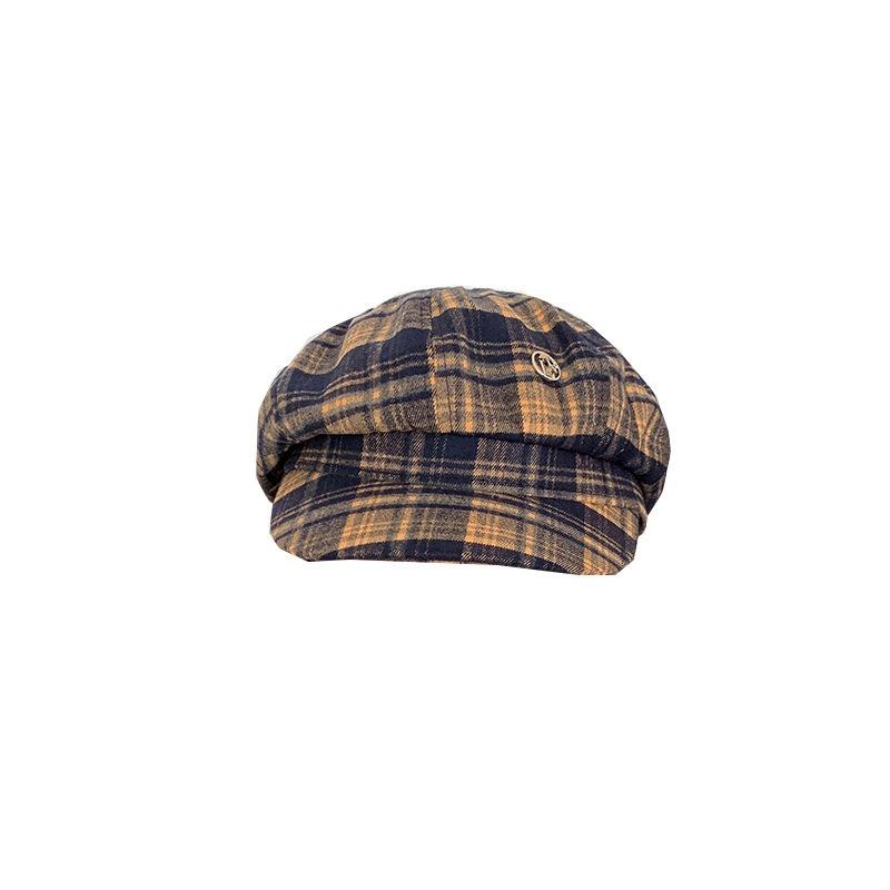 25 Early autumn new plaid sweet and cool high-quality octagonal hat women's big head circumference showing face small newsboy hat