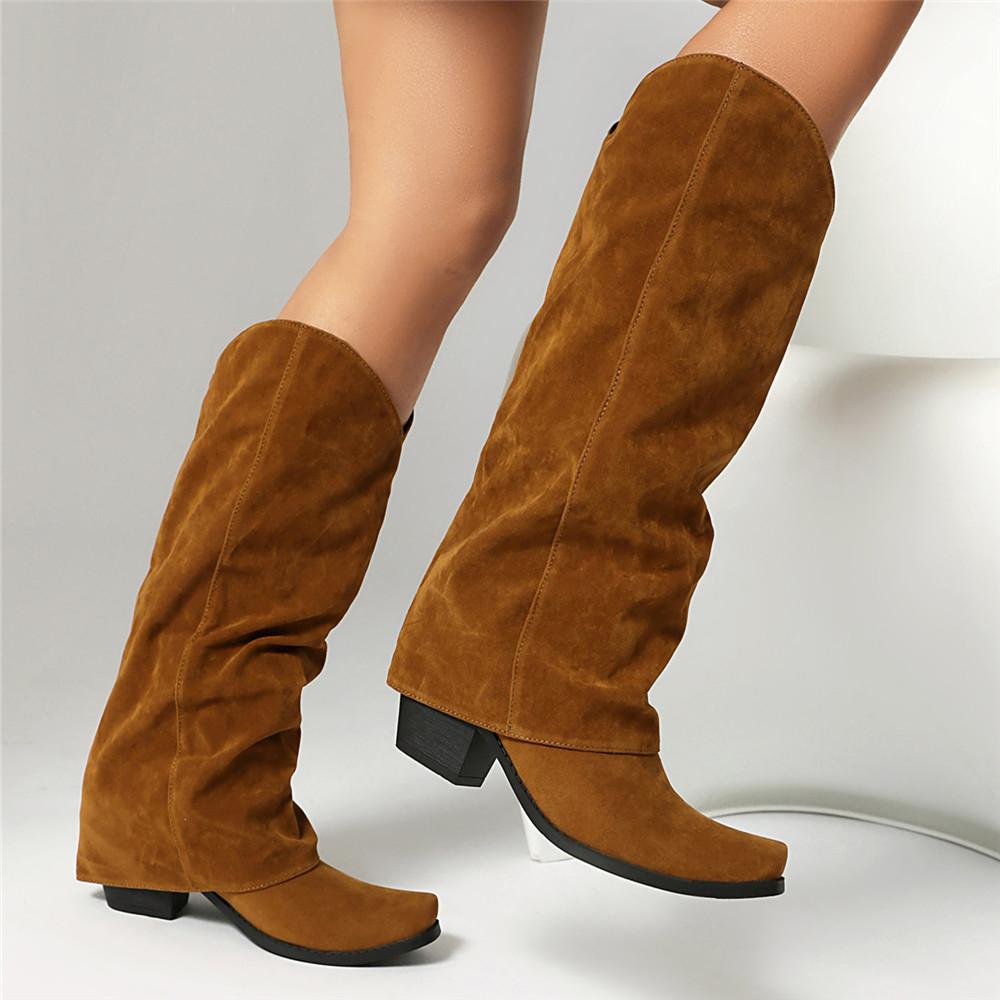 Fashion Women Outdoor Trend Pleats Knee High Boots Autumn New Thick Heeled Pointed Toe Cowboy Boots Woman Slip On Western Long Boots