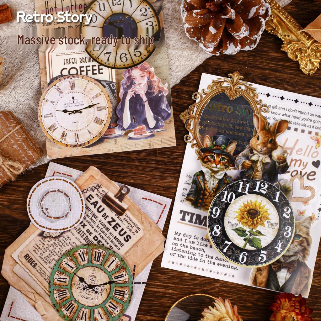 Retro Wall Clock & Journal Sticker Pack: 10 Sheets of Creative Vintage Time Scale Designs