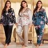 Plus Size Womens Ice Silk Robe Set Long Sleeve V-Neck Lightweight Sleepwear Lounge Wear Home Hotel Winter