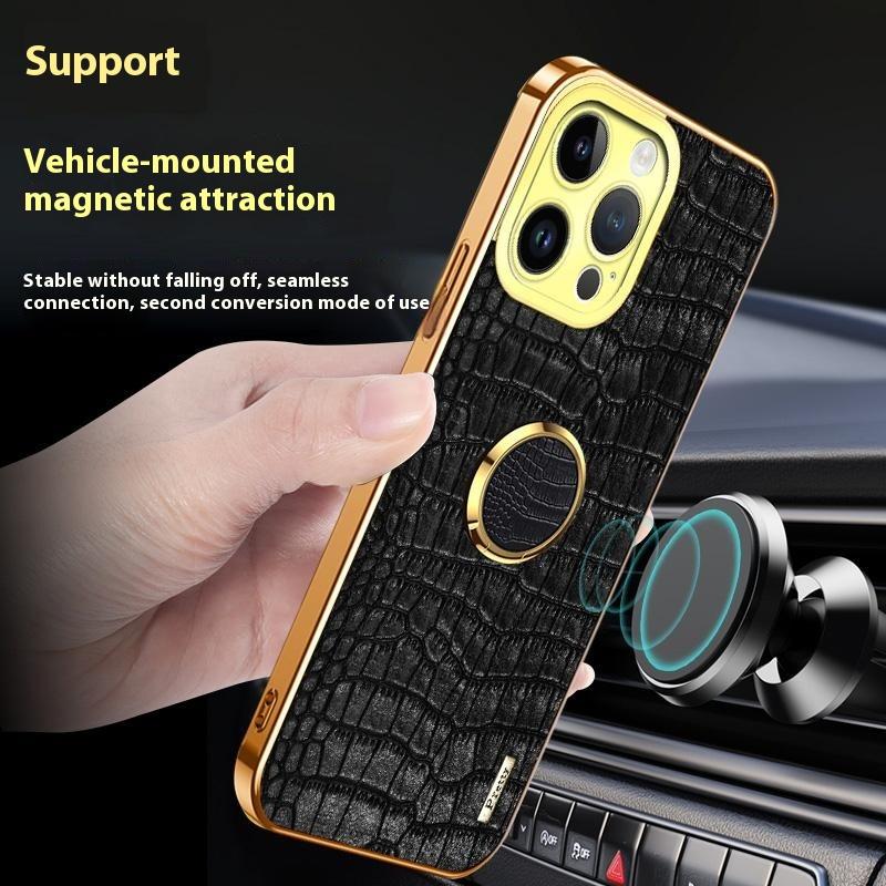 For iPhone 16 Pro Case Crocodile Texture Ring Kickstand TPU+Leather Electroplating Phone Cover