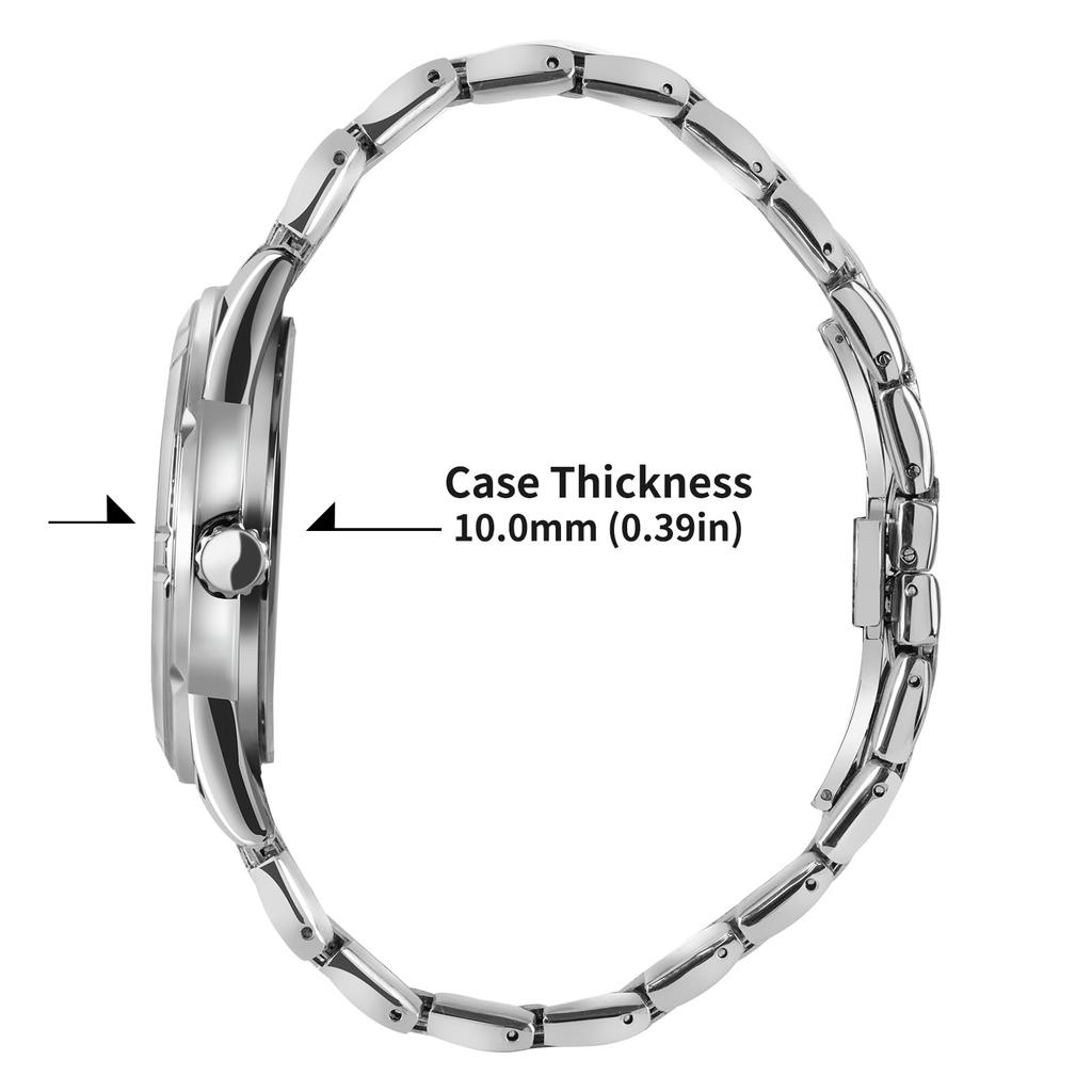 PINDOWS Luxury Business Dress Analog Quartz Water Luminous Date Stainless Steel Classic Business Casual Style Men's Watch, Diamond-Decorated, Style,