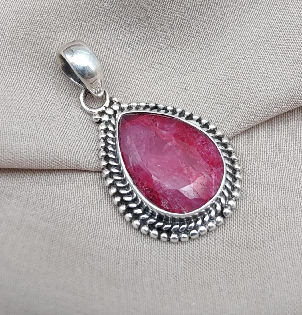 Handmade Ruby Pendant: Pear-Shaped 925 Sterling Silver Necklace