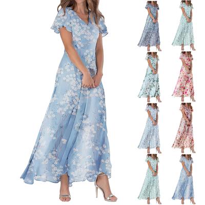 Sommerkleider für Damen, lässig, kurzärmelig, Maxikleider, süßes Blumenmuster, Maxikleider für Hochzeitsgäste, fließende Chiffonkleider