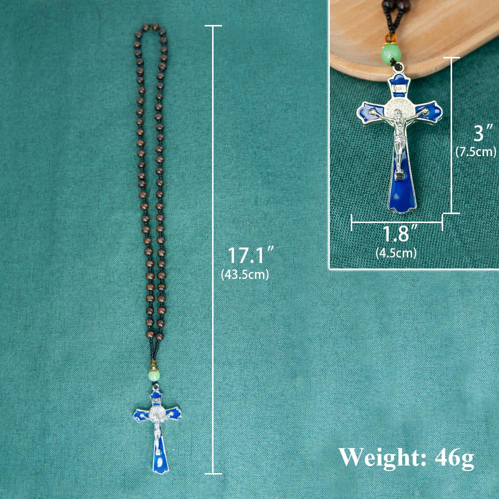 HT St. Benedict Blue Enamel Crucifix Pendant Wooden Bead Rosary Chain Metal Jesus Cross Religious Catholic Prayer Jewelry Gift