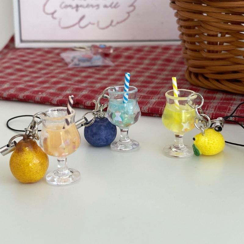 Miniature Drink Cup Keychain with Fruit Pendant Beaded Keyring Bag Accessories Gift for Women and Girls