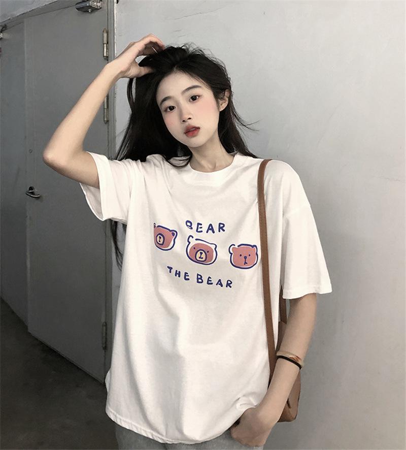 Women's Casual Short Sleeve T-Shirt Cute Cartoon Bear Print Loose Crew Neck Summer Basic Tee Top