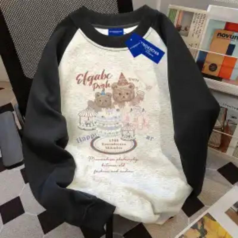 Bluza z czystej bawełny w stylu koreańskim z okrągłym dekoltem, patchworkowa, dla kobiet, jesienno-zimowa, luźna, wszechstronna góra, zgodna z trendami