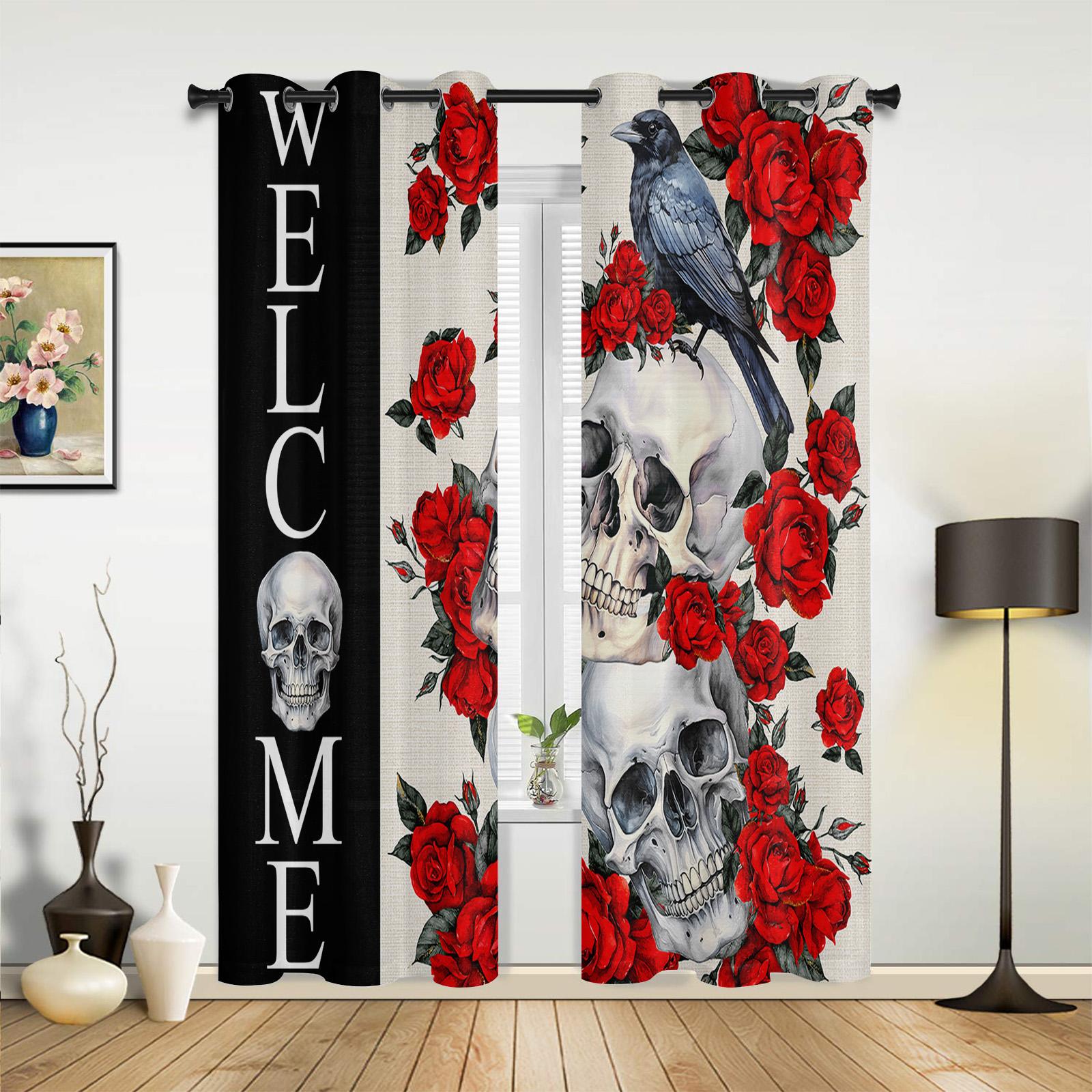 Хэллоуин Скелет Ворона Красная Роза Оконные Шторы для Гостиной Спальни Роскошные — фото 3