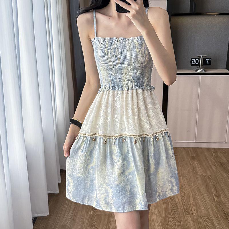 Korean Tie-Dye Lace Slim Midi Camisole Dress for Women - Seaside Style Small