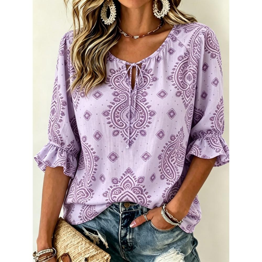 Women's Light Blue Paisley Print Tie Front Blouse, Casual Loose Top for Spring Summer Daily Wear