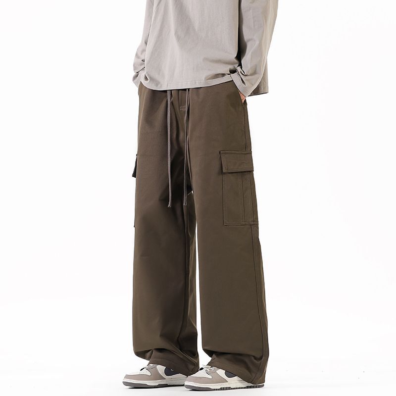 Spring New Big Pocket Tooling Casual Pants Thick Solid Color Simple Trendy Brand Loose Straight Long Pants Men