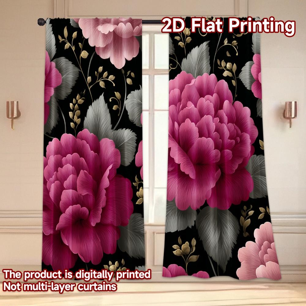 Set Of 2 Flat Printing Curtains Without Rod Floral Elegance Black Holiday Valentine Is Day Printed Versatile Fabric Curtain Polyester