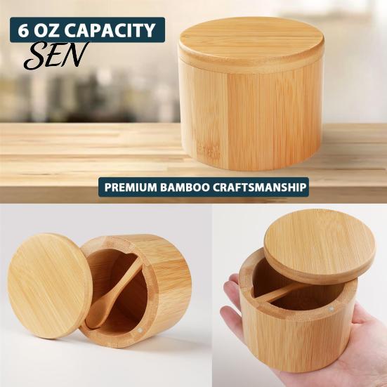 Decorative Wood Spice Keeper Salt Container with Swivel Magnetic Lid, Built-in Spoon Seasoning Lid Condiment Holder Jar, Moisture Proof for