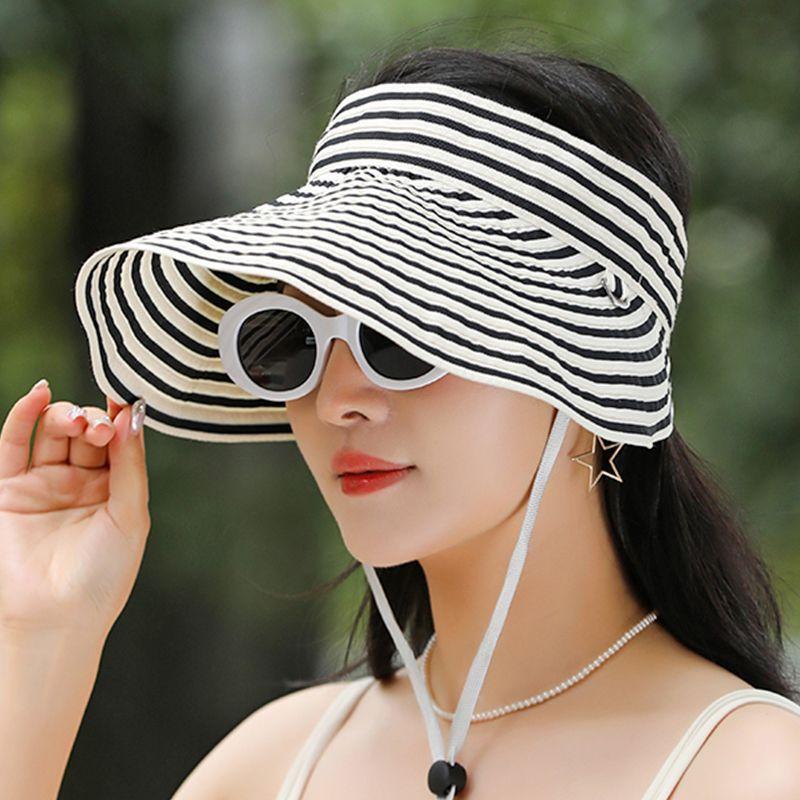 Women s Black White Striped Sun Visor Hat Wide Brim UV Protection Summer Hat Foldable Beach Visor one size