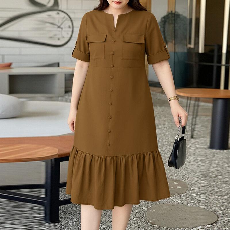 ZANZEA Women Casual Round Neck Loose Ruffles Hem Solid Color Half Sleeve Dress S коричневый