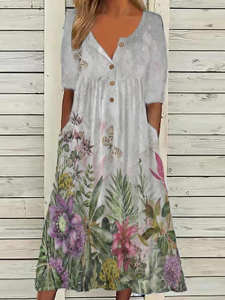 Buttoned Maxi Dress with Pocket Printed Cardigan Style Womens Dress