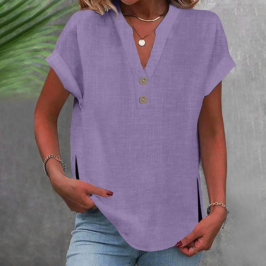 Women's Fashion Casual Solid Colour V-Neck Short Sleeve Button Split Shirt T-Shirt Top