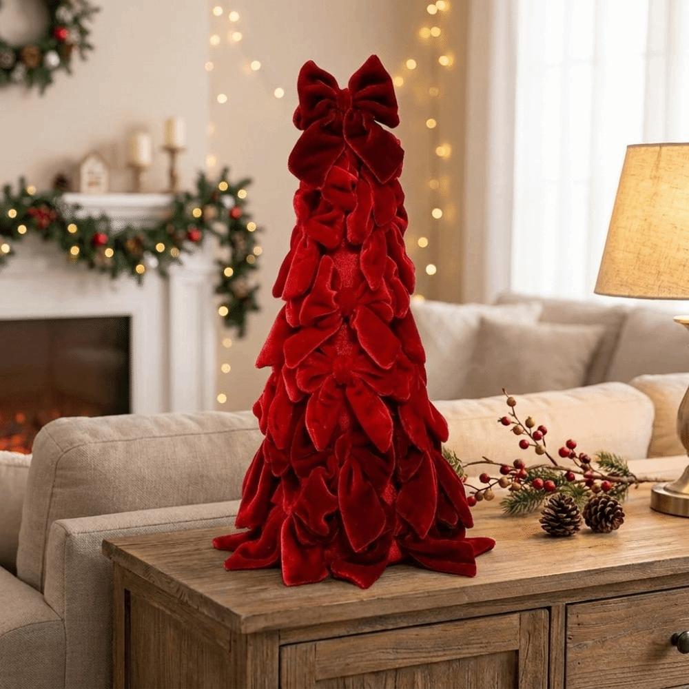 Soft Velvet Bow Christmas Tree Handmade Craft Holiday Tabletop Decoration Bow Tree Tower Wedding