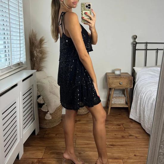 Sexy Paillettenkleid Straps-Sling-Kleid Einfarbig Ärmellos Lagen-Kuchen-Design Partykleid Alltagskleidung