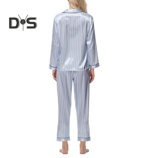 2Pcs Women Silk Satin Pajama Set Lapel Button Down Tops & Pants Set Stripe Loose Sleep Shirt & Elastic Waist Pants Loungewear Outfit
