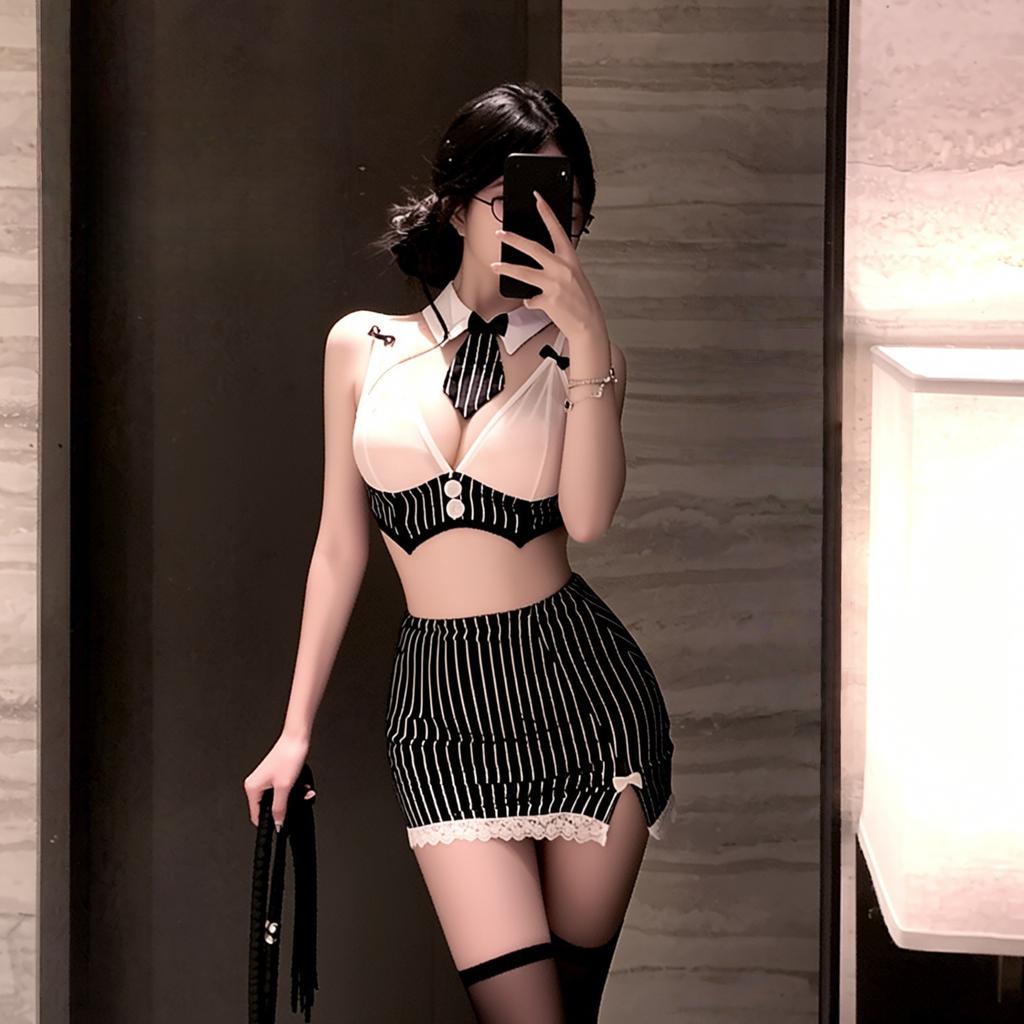 European and American sexy striped bow miniskirt uniform temptation pure desire erotic underwear set