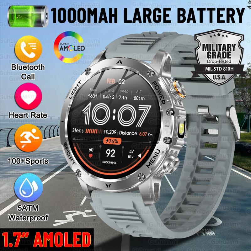 

New Military Sports Smart Watch 1000mAh Battery 5ATM Waterproof LED Flashlight Fitness trackr Smartwatch Men New Sports Watch серебряный
