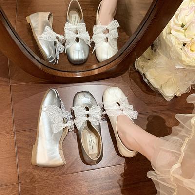 Fashion Flat Ballet Lace Single Shoes Women's Autumn New Outside Wear Square Toe Shallow Mouth Butterfly with Skirt Mary Jane Shoes