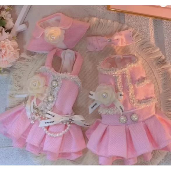 Pink Luxury Pearl Magnolia Design High-End Custom Pet Dress Set Winter Clothes Suit For Small Dog