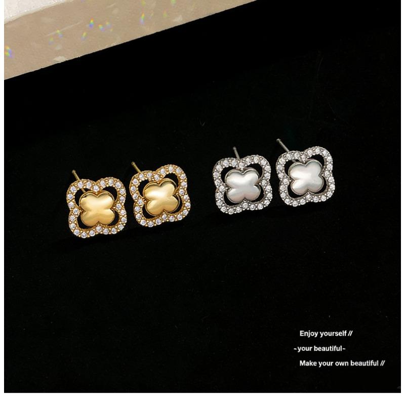 Women Fashion Hollow Four Leaf Clover Zircon Inlaid Copper Stud Earrings
