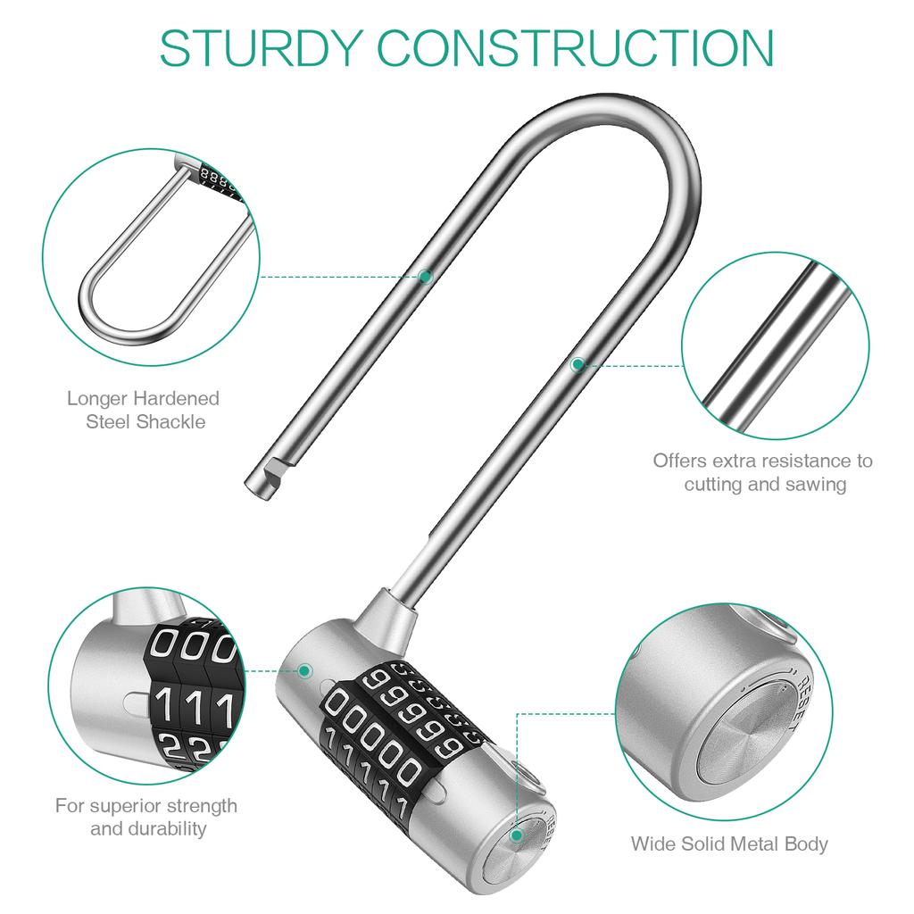 5 Digit Combination Padlock 4.65 Inch Long Shackle Resettable Padlock Lengthened Gym Lock Waterproof for School Gym Locker Fence
