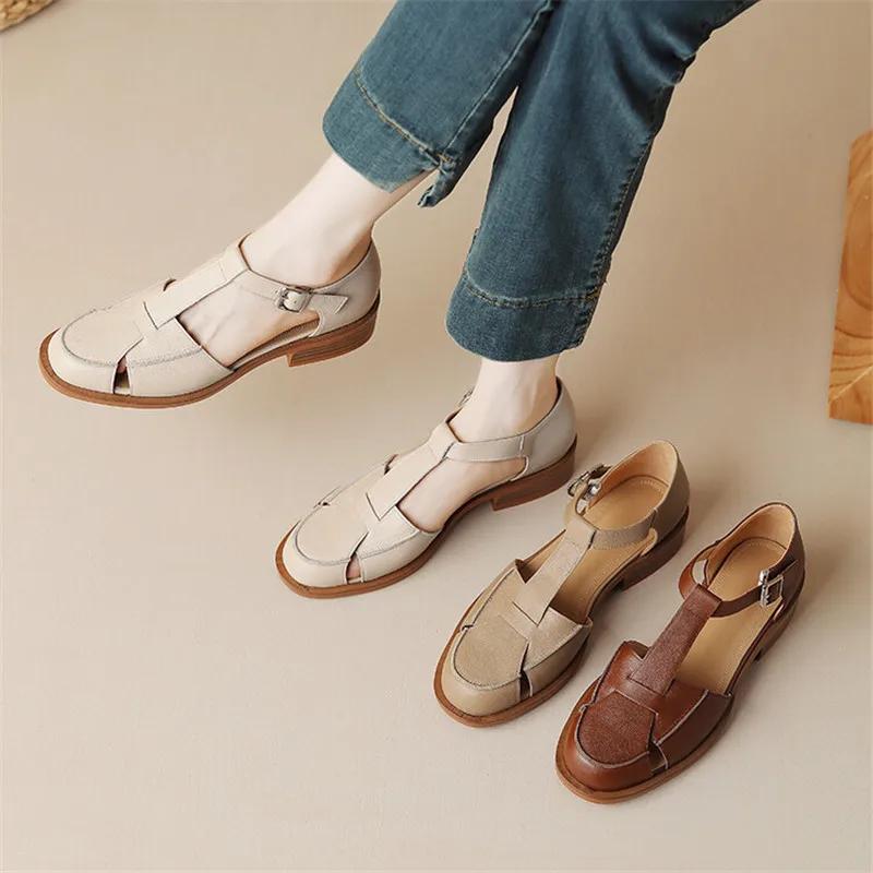 Fashion 2025 Summer Sandals Cowhide Round Toe Women Sandals Chunky Heel Women Shoes Cover Toe Shoes for Women Hollow Out Mary Jane Shoes