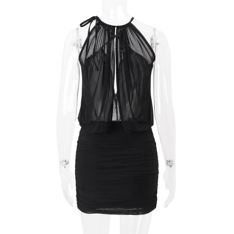 Women's Sexy Cross Halter Neck Mesh Mini Dress Spring Deep V Ruched Bodycon Party Evening Cocktail Dress