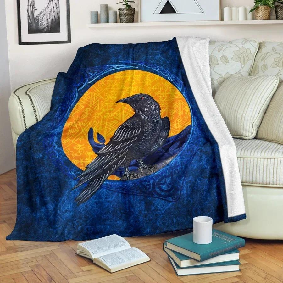 Norse Mythology Flannel Blanket Soft Fleece Throw Blankets for Bedroom Couch Sofa Gift,Viking Crows Scandinavian Runes Blanket
