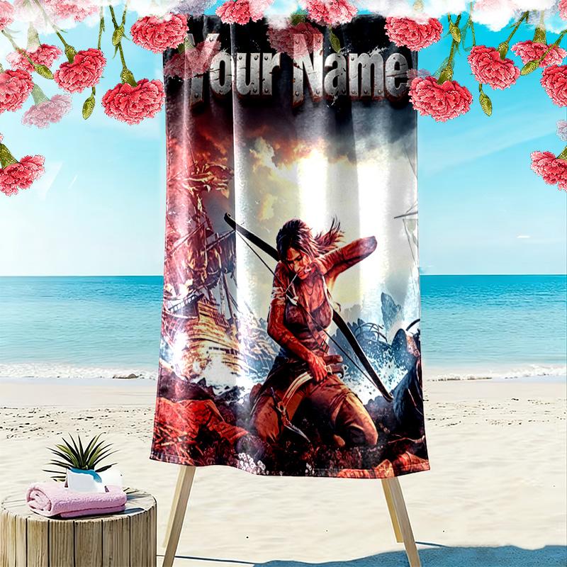 Name Custom Tomb Raider Print Beach Towel, Large Soft Quick Dry Towel for Beach Camping Swimming