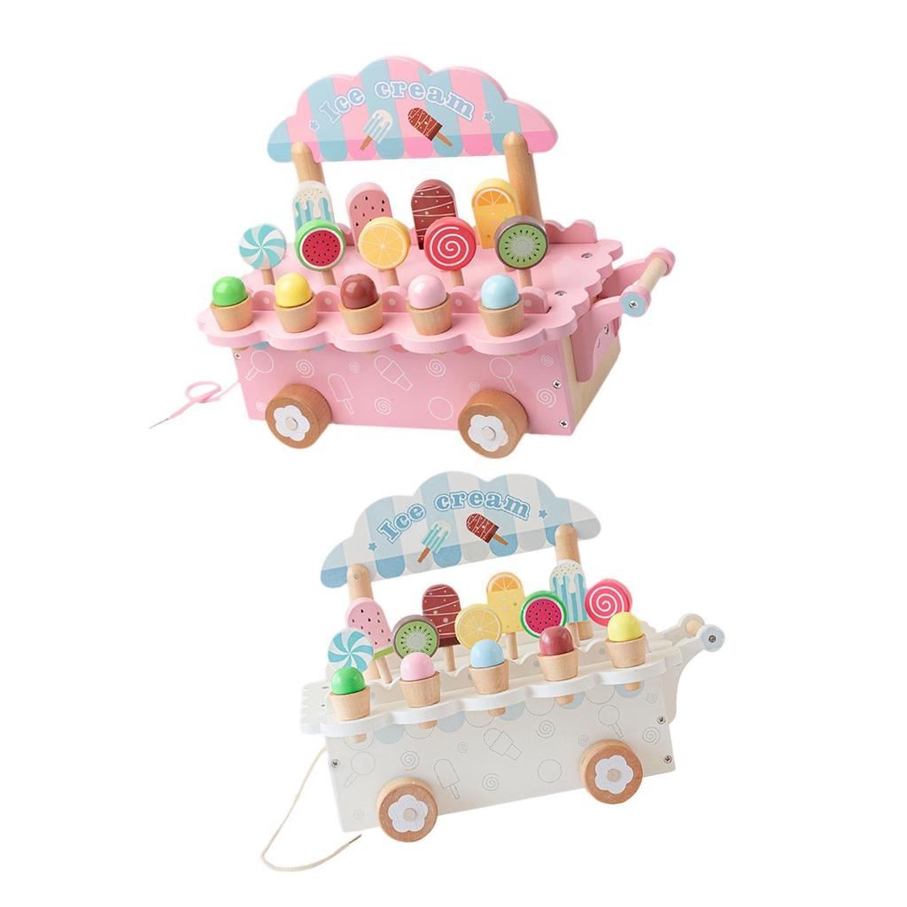 Wooden Ice Cream Cart Playset with Food Accessories for Kids Aged 3-8