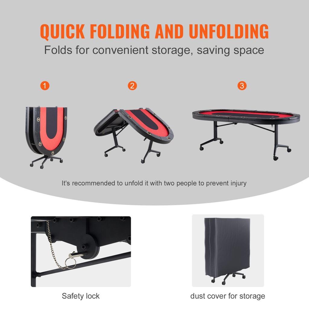 10 Player Foldable Poker Table, Blackjack Texas Holdem Poker Table with Padded Rails and Stainless Steel Cup Holders, Portable Folding Card Board Game