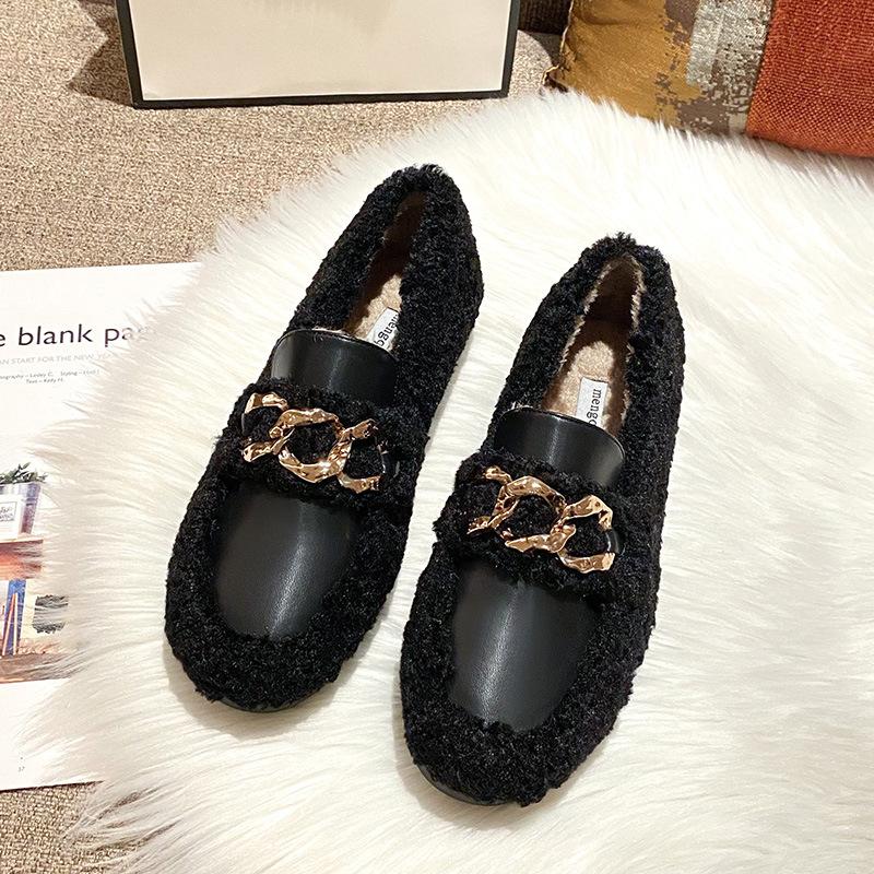 Fashion 2025 Winter Lambswool Loafers Women Traf Chain Shoes Shearling&Leather Patchwork Flats Sheep Fur Mocasines Ladies Bare Foot Shoe