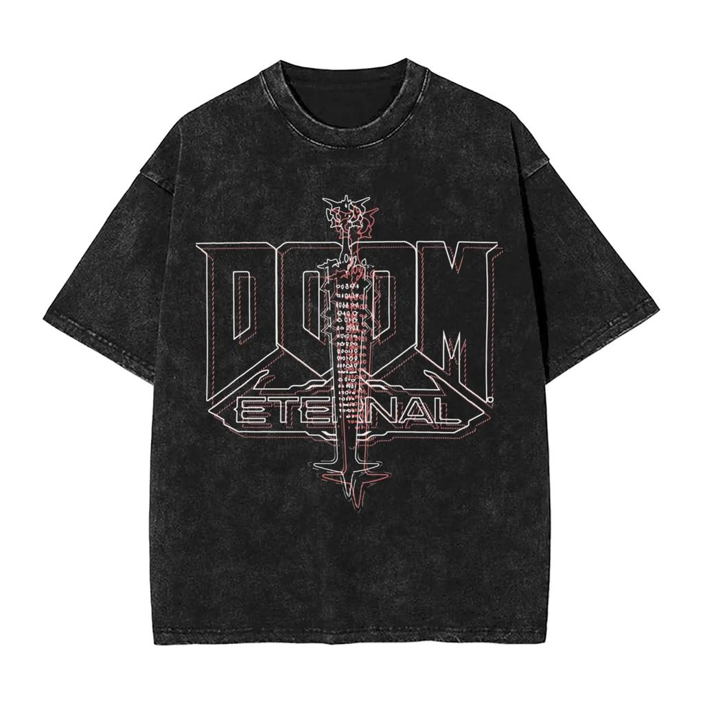 Ciemna Koszulka Oversize z Efektem Sprania Streetwear Yk Doomguy Dooms Eternal Slayer Cacodemon Koszulki Mężczyźni Kobiety Bawełna Graficzny Nadruk