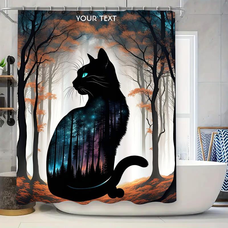 

High-Quality Custom Shower Curtains Featuring A Black Cat With Forest Night Design Waterproof Fabric, Durable Print Suitable For W60H190(CM)-1 Pcs