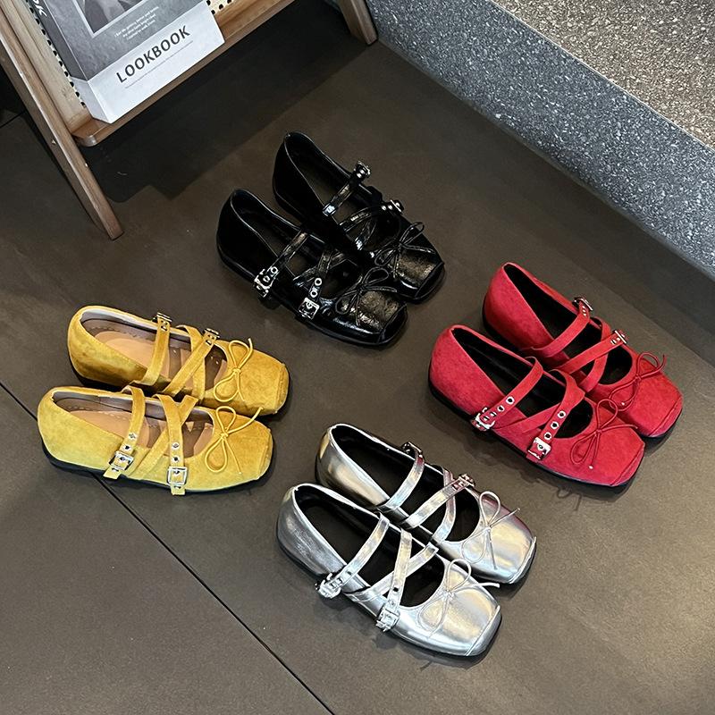 Bow inner height increase square head Mary Jane women's shoes 2025 new retro shallow mouth rivet ballet flats