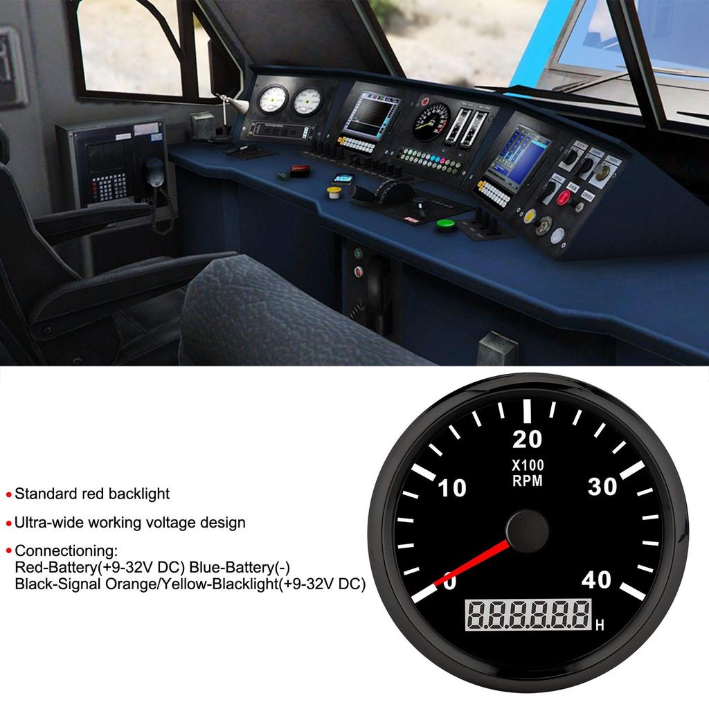 Tachometer, 85mm Pointed 4000RPM Tachometer Gauge Boat Sailboat Diesel Generator Engine/Gasoline Engine (Black with Black Frame)