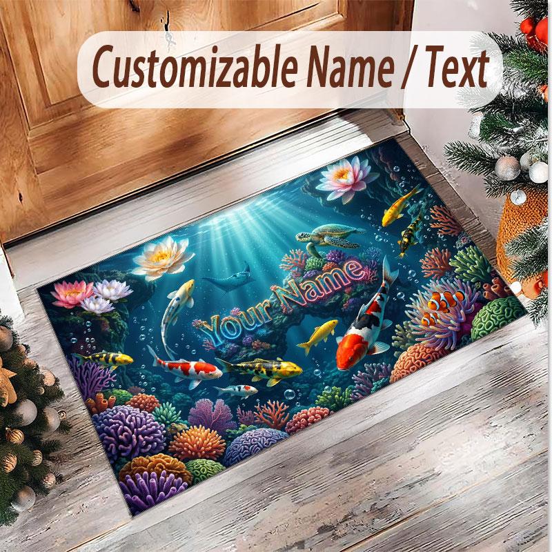 Fish Ocean Theme Soft Crystal Velvet Rug Custom Name & Text Print Non Slip Floor Rug for Bedroom Living Room
