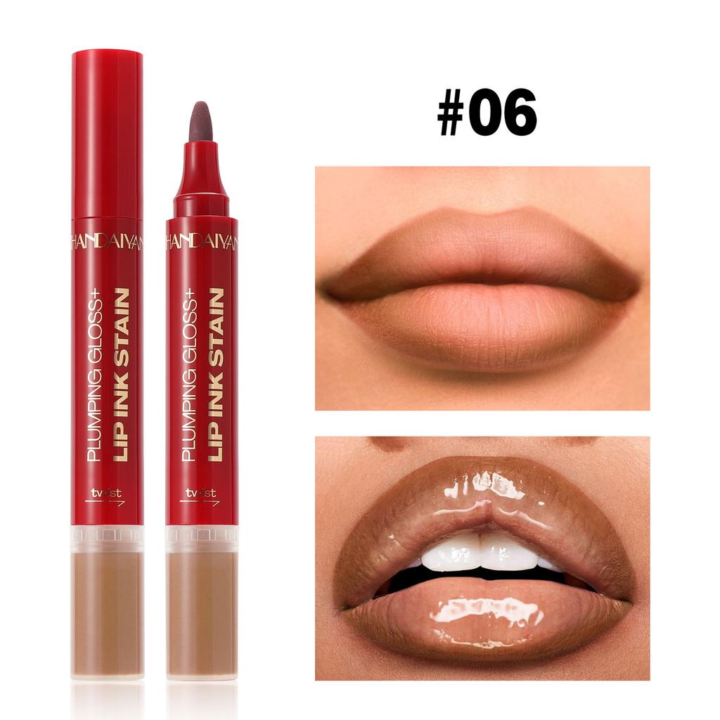 6-Farben Doppelkopf Flüssiger Lippenstift Stift Lipliner Leicht zu Färben Nicht-haftender Becher Mattes Lippenöl Zwei-in-Eins Lippenstift Stift Gesichts-Make-up