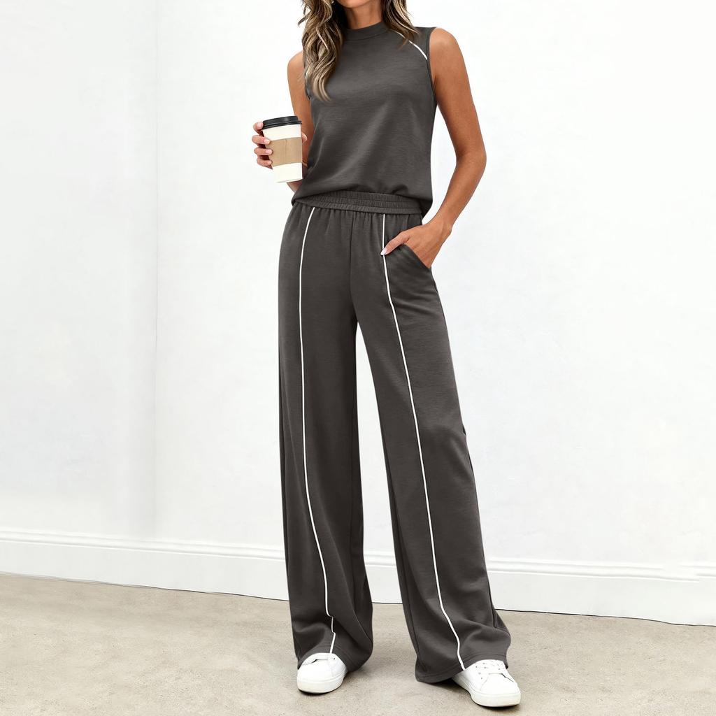 Women's Casual Fashion High-Neck Sleeveless Top And Wide-Leg Trousers Set