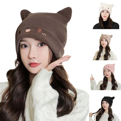 Winter Cute Cat Ear Knitted Hat Warm Beanie Winter Pullover Cap for Womens Girls
