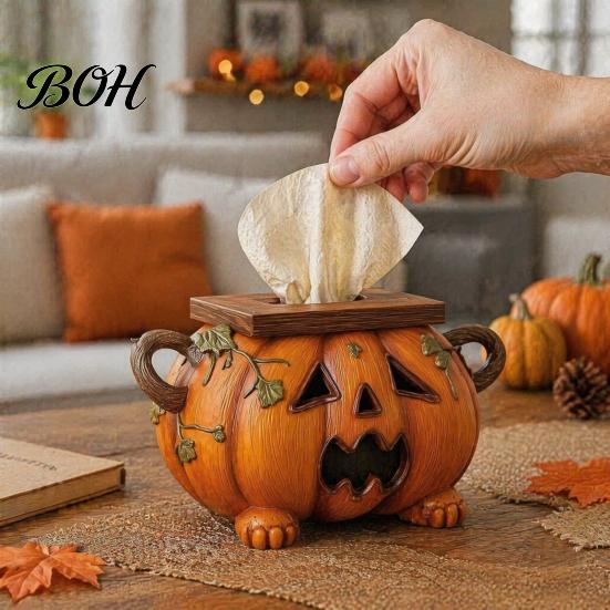 Decoratieve Papieren Servetdispenser Halloween Pompoen Tissuebox, Hars Gezichtsdoekjesdispenser, Unieke Handdoekhouder Creatief voor Keukenblad Feest