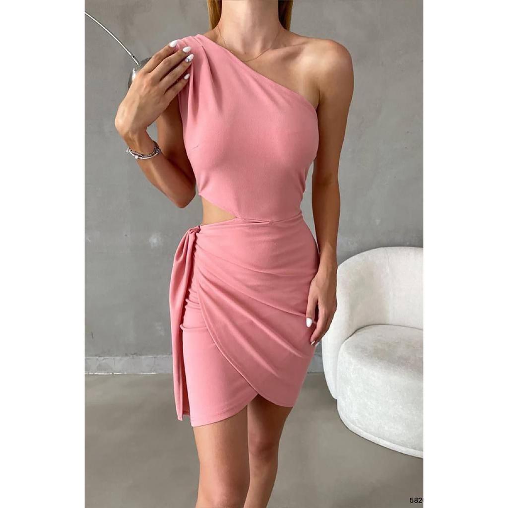 Red Asymmetrical Cut Crepe Dress With Tied Skirt