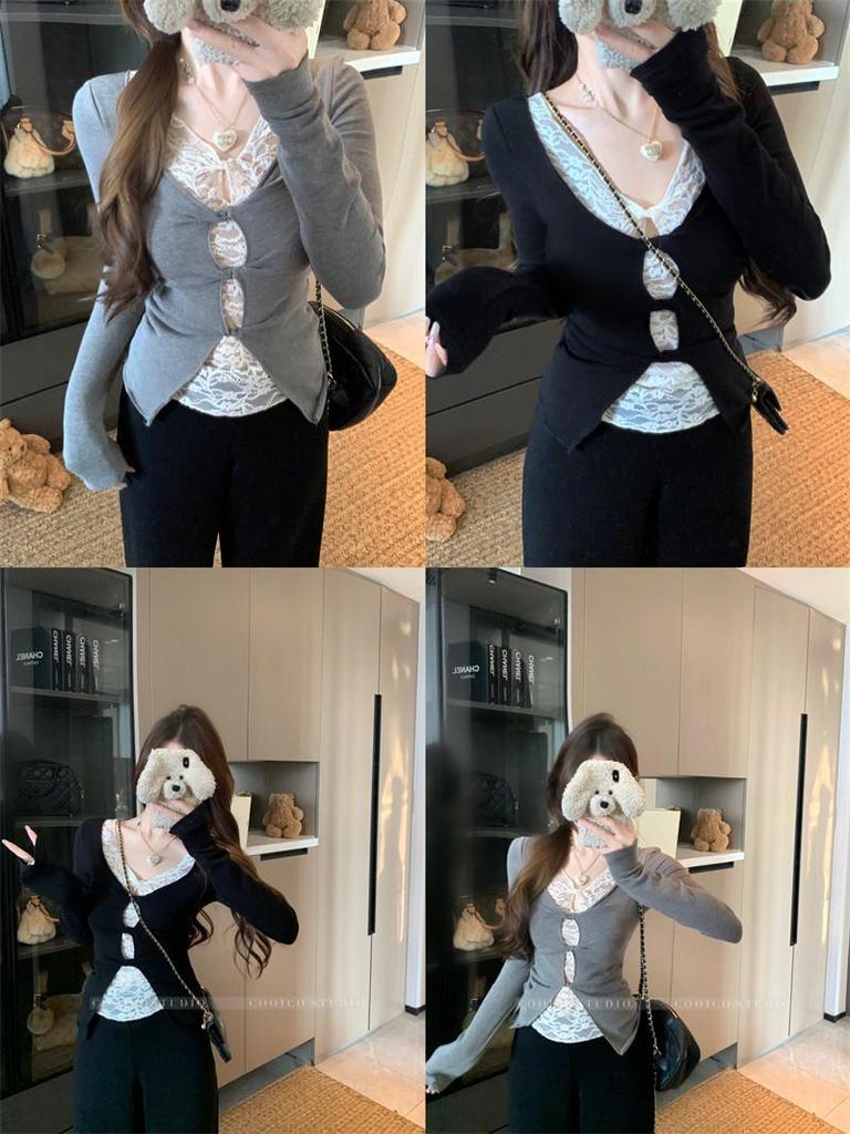 Pure Desire Style Sexy Sweet Spicy Two-Piece Look Lace Long-Sleeve T-Shirt for Women - Winter Slimming Age-Reducing Top
