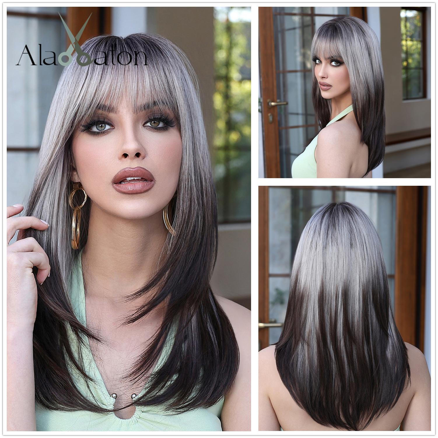 

ALAN EATON Синтетические парики средней длины, прямые, многослойные, омбре, темно-коричневые, светлые, серые, пепельные, полный парик с челкой для женщин